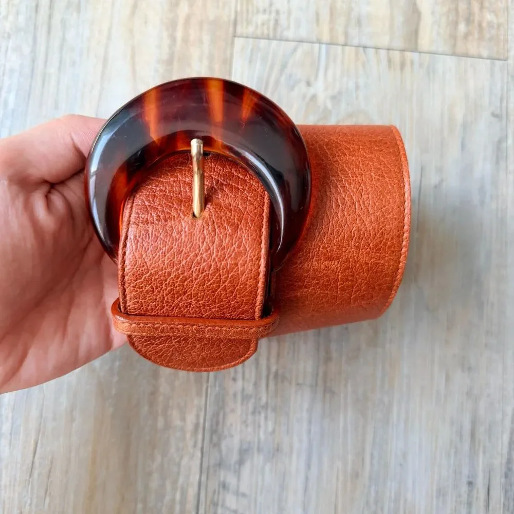 Vintage Genuine Leather Belt USA Made Brown Tortoise Buckle Size 27 Lands End
